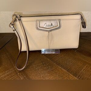 Coach Cream & Silver Leather Wristlet Wallet
